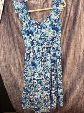 Blue Floral Midi Dress with Ruffled Shoulder Straps